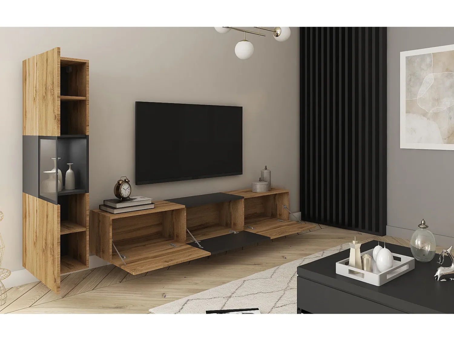 Outlet Conjunto para sala, suspenso e de chão, 2 peças, móvel TV 180 cm e vitrina, corpo carvalho Wotan mate, frentes preto mate Natural claro