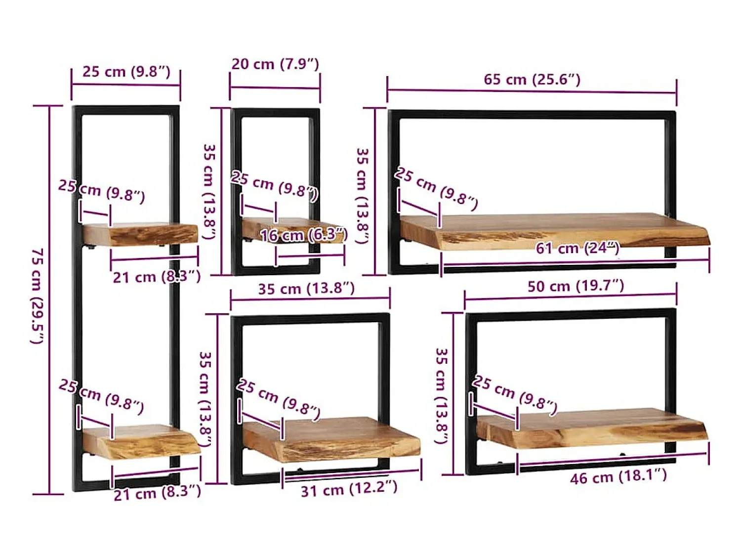 vidaxl Conjunto prateleiras de parede 5 pcs madeira acácia maciça/aço Castanho