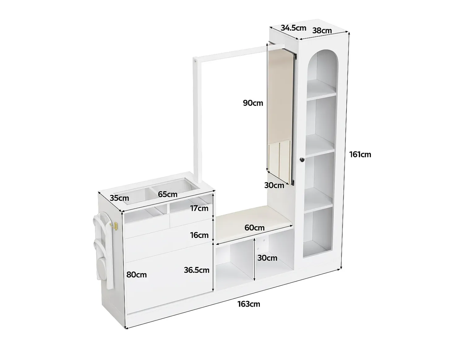 Móvel De Entrada|ModernLuxe Conjunto vestiário de entrada 163×35×161 cm - com cabideiro e espelho - banco e móvel para sapatos - com iluminação LED - Branco