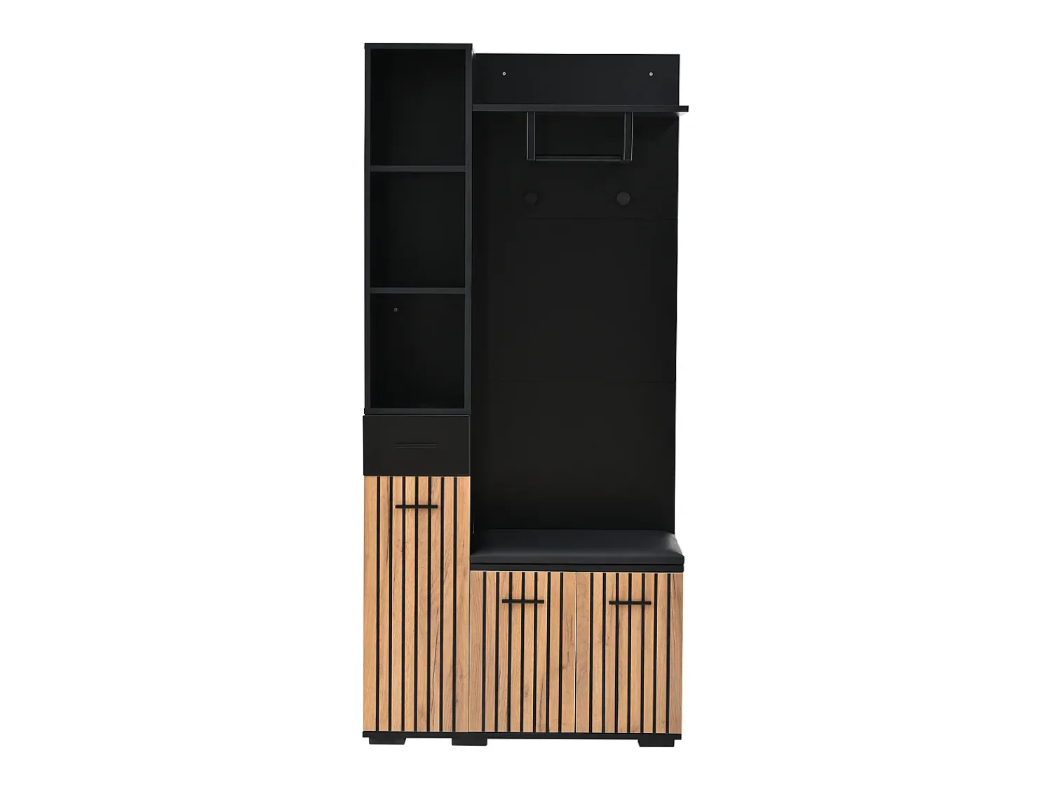 Outlet ModernLuxe Conjunto vestiário de entrada 80×35×175 cm - 1 gaveta e 3 portas - com banco e sapateiro - 2 ganchos - + natural Preto