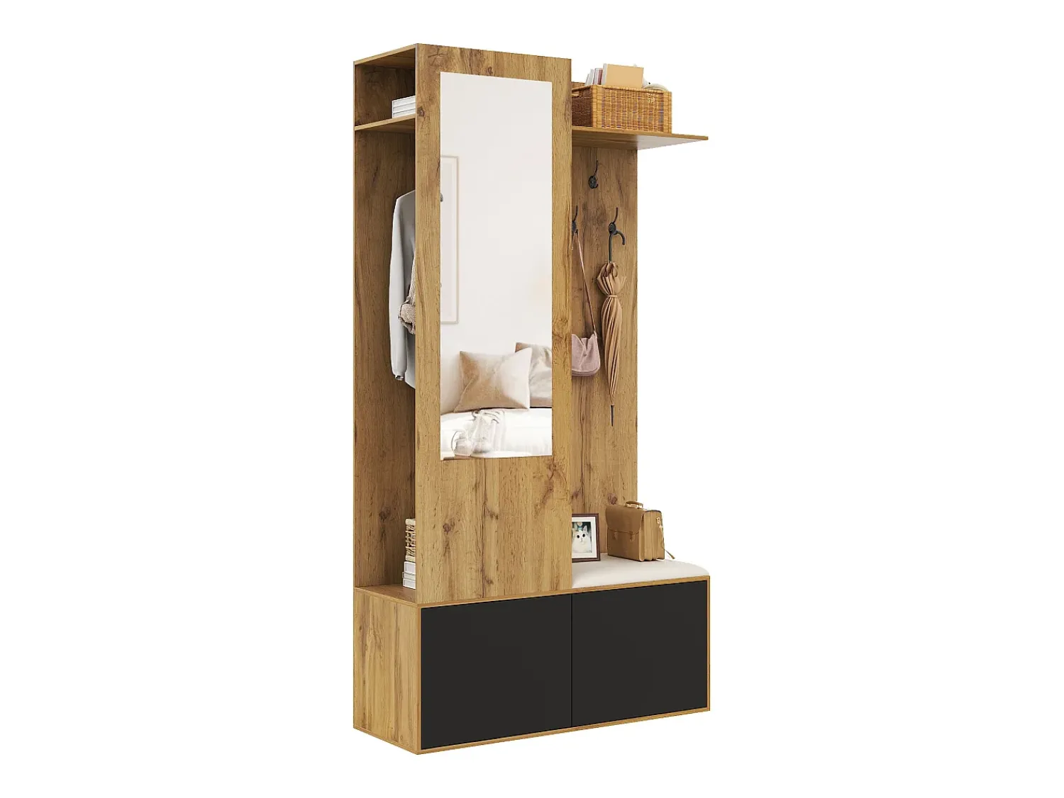 Móvel De Entrada|ModernLuxe Conjunto vestiário de entrada 100×38×191 cm - com cabideiro e sapateira - ganchos e 1 espelho - natural + preto Preto / Natural claro