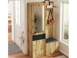 ModernLuxe Conjunto vestiário de entrada 98.5×38×191 cm - com cabideiro e sapateira - ganchos e 1 espelho - natural + preto^ Móvel De Entrada