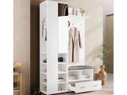 Móvel De Entrada*ModernLuxe Conjunto vestiário de entrada 120x35x190cm - con 2 gavetas e compartimentos de armazenamento - con espelho e banco de sapatos - Branco
