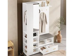 Móvel De Entrada*ModernLuxe Conjunto vestiário de entrada 120x35x190cm - con 2 gavetas e compartimentos de armazenamento - con espelho e banco de sapatos - Branco