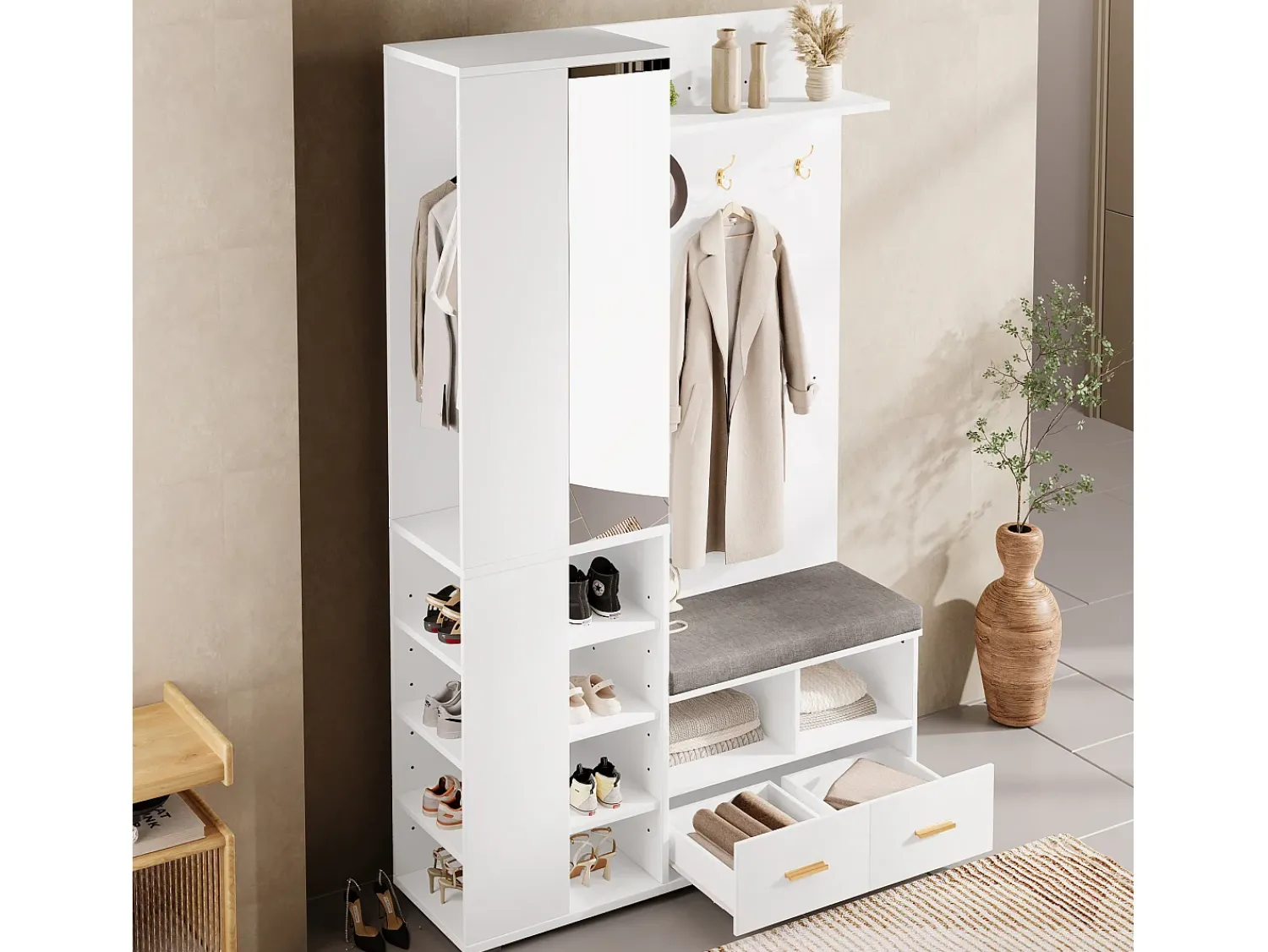 Móvel De Entrada*ModernLuxe Conjunto vestiário de entrada 120x35x190cm - con 2 gavetas e compartimentos de armazenamento - con espelho e banco de sapatos - Branco