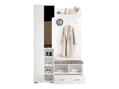 Móvel De Entrada*ModernLuxe Conjunto vestiário de entrada 120x35x190cm - con 2 gavetas e compartimentos de armazenamento - con espelho e banco de sapatos - Branco