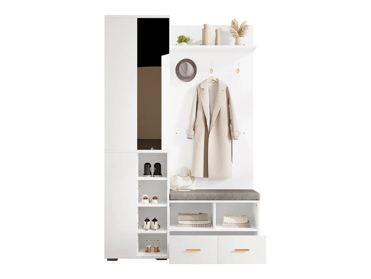 Móvel De Entrada*ModernLuxe Conjunto vestiário de entrada 120x35x190cm - con 2 gavetas e compartimentos de armazenamento - con espelho e banco de sapatos - Branco