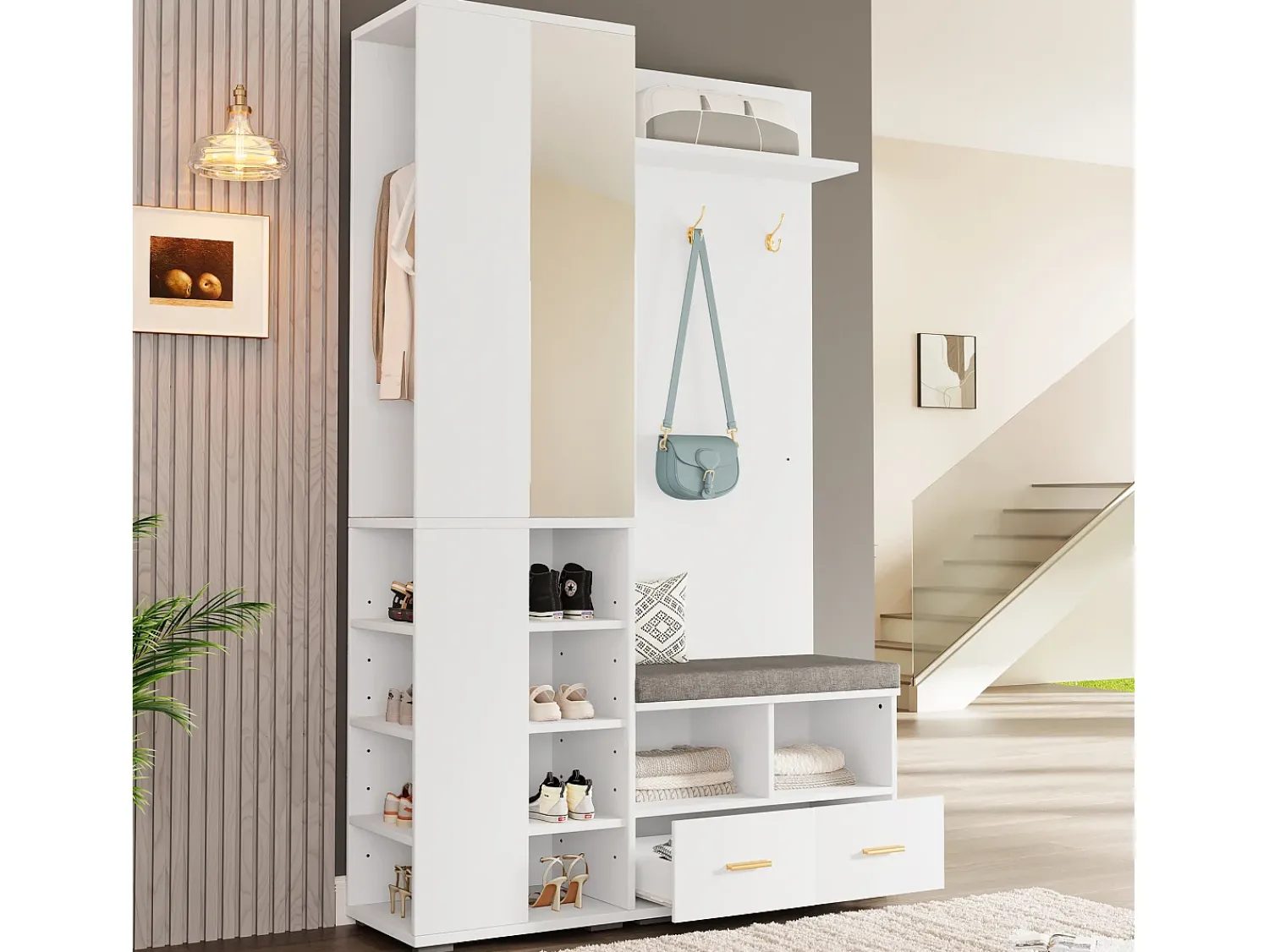 Móvel De Entrada*ModernLuxe Conjunto vestiário de entrada 120x35x190cm - con 2 gavetas e compartimentos de armazenamento - con espelho e banco de sapatos - Branco