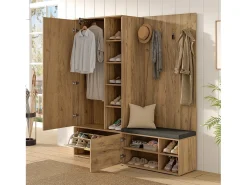 ModernLuxe Conjunto vestiário de entrada 160x38x180cm - con 3 portas e compartimentos de armazenamento - con espelho e móvel para sapatos - con gancho - Natural^ Móvel De Entrada