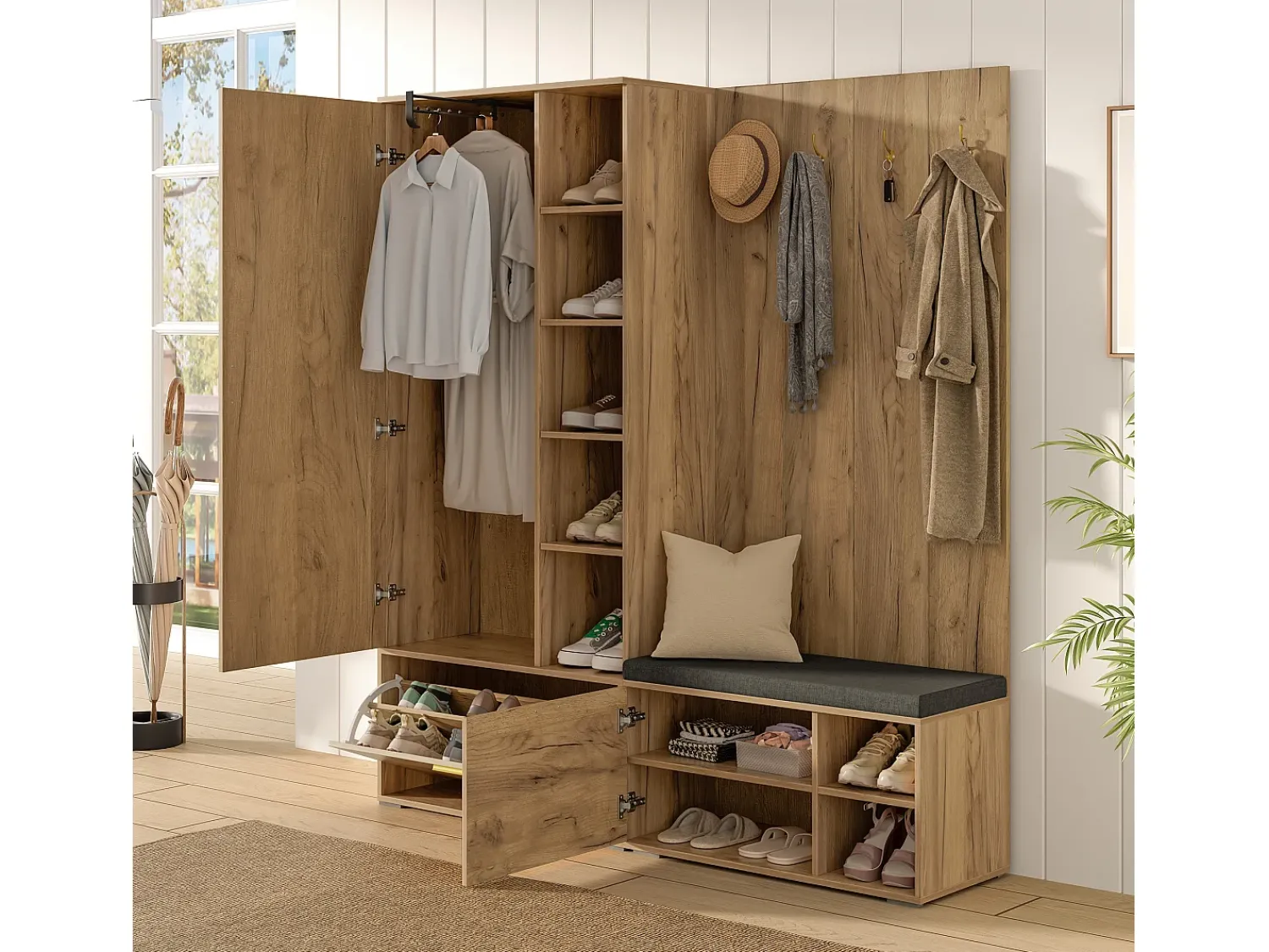 ModernLuxe Conjunto vestiário de entrada 160x38x180cm - con 3 portas e compartimentos de armazenamento - con espelho e móvel para sapatos - con gancho - Natural^ Móvel De Entrada