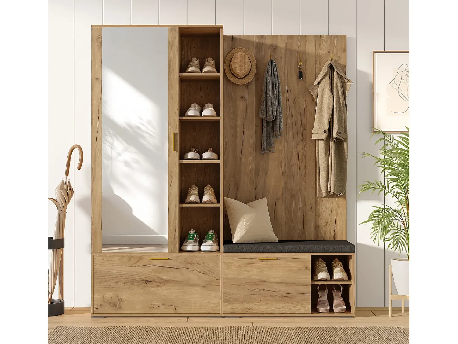 ModernLuxe Conjunto vestiário de entrada 160x38x180cm - con 3 portas e compartimentos de armazenamento - con espelho e móvel para sapatos - con gancho - Natural^ Móvel De Entrada