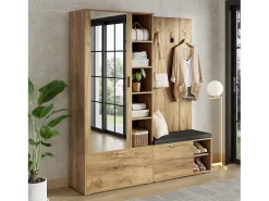 ModernLuxe Conjunto vestiário de entrada 160x38x180cm - con 3 portas e compartimentos de armazenamento - con espelho e móvel para sapatos - con gancho - Natural^ Móvel De Entrada