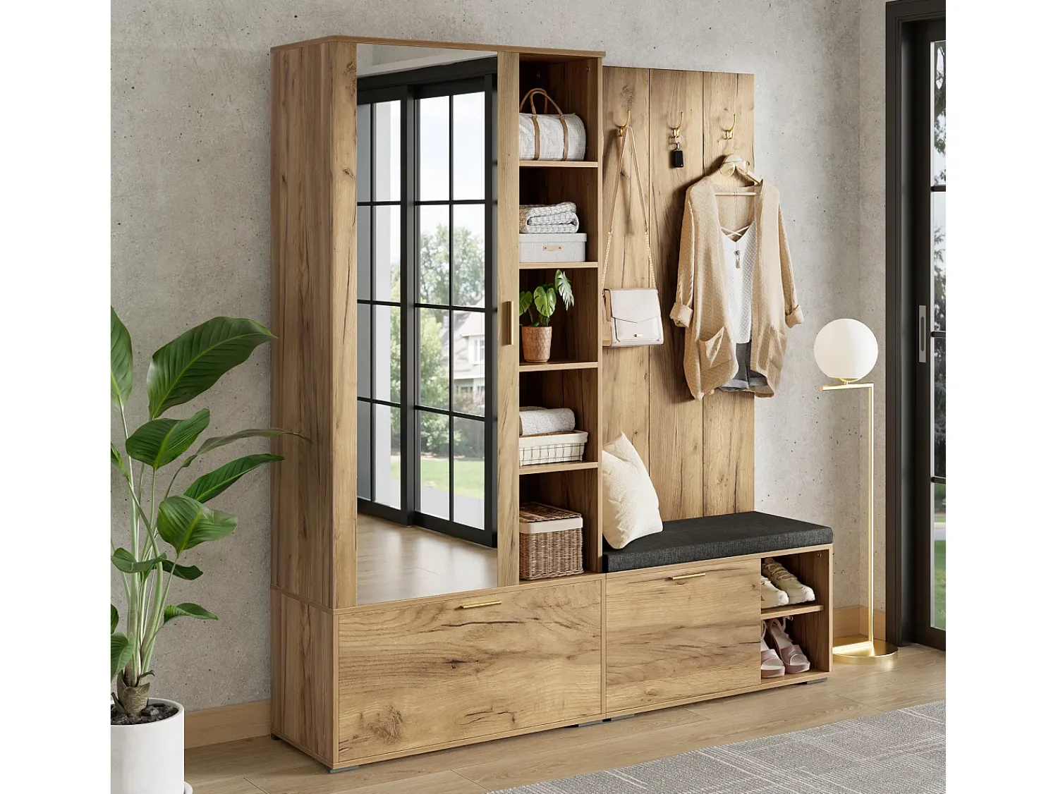 ModernLuxe Conjunto vestiário de entrada 160x38x180cm - con 3 portas e compartimentos de armazenamento - con espelho e móvel para sapatos - con gancho - Natural^ Móvel De Entrada