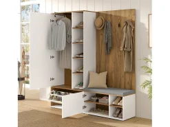 Móvel De Entrada*ModernLuxe Conjunto vestiário de entrada 160x38x180cm - con 3 portas e compartimentos de armazenamento - con espelho e móvel para sapatos - con gancho - Natural + Branco Natural claro / Branco