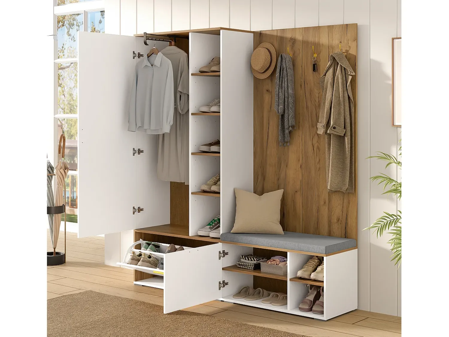Móvel De Entrada*ModernLuxe Conjunto vestiário de entrada 160x38x180cm - con 3 portas e compartimentos de armazenamento - con espelho e móvel para sapatos - con gancho - Natural + Branco Natural claro / Branco