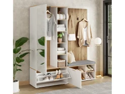 Móvel De Entrada*ModernLuxe Conjunto vestiário de entrada 160x38x180cm - con 3 portas e compartimentos de armazenamento - con espelho e móvel para sapatos - con gancho - Natural + Branco Natural claro / Branco