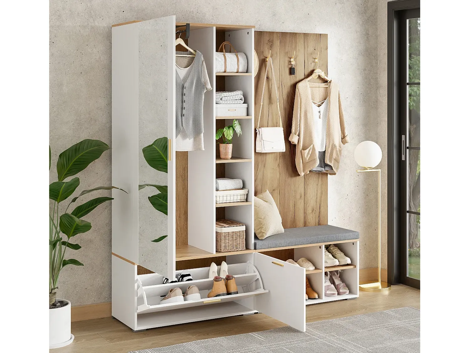 Móvel De Entrada*ModernLuxe Conjunto vestiário de entrada 160x38x180cm - con 3 portas e compartimentos de armazenamento - con espelho e móvel para sapatos - con gancho - Natural + Branco Natural claro / Branco