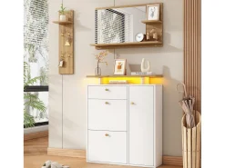 Móvel De Entrada|ModernLuxe Conjunto vestiário de entrada 105x25x151,5cm - con LED - con 3 portas e 1 gaveta - con espelho e móvel para sapatos - + Natural Branco
