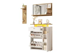 Móvel De Entrada|ModernLuxe Conjunto vestiário de entrada 105x25x151,5cm - con LED - con 3 portas e 1 gaveta - con espelho e móvel para sapatos - + Natural Branco