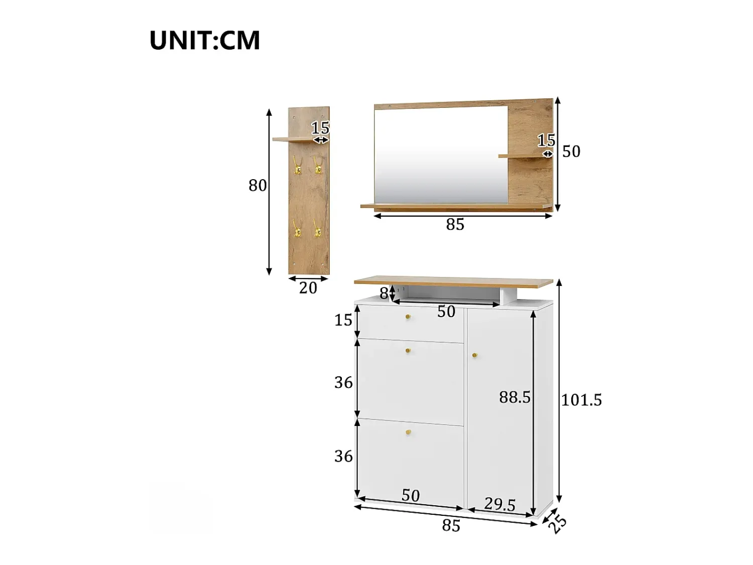 Móvel De Entrada|ModernLuxe Conjunto vestiário de entrada 105x25x151,5cm - con LED - con 3 portas e 1 gaveta - con espelho e móvel para sapatos - + Natural Branco
