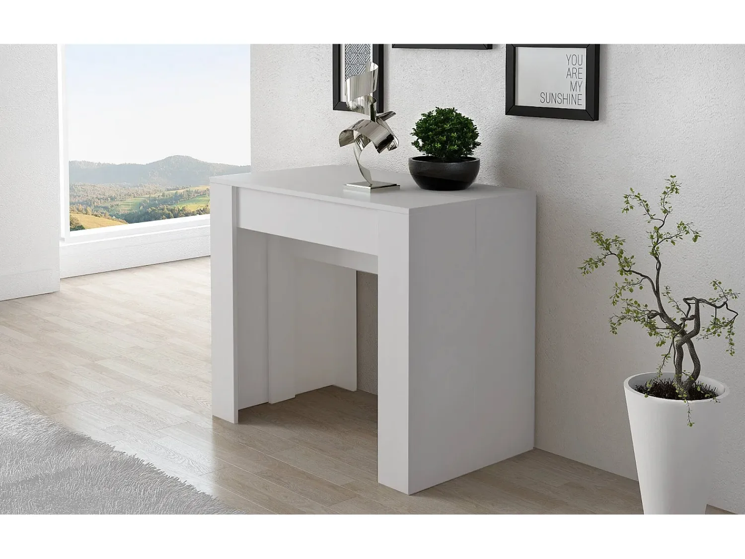 Dmora Consola 0, Mesa de jantar extensível até 10 lugares, Consola moderna com extensões, 90x52h78 cm, Branca^ Consola