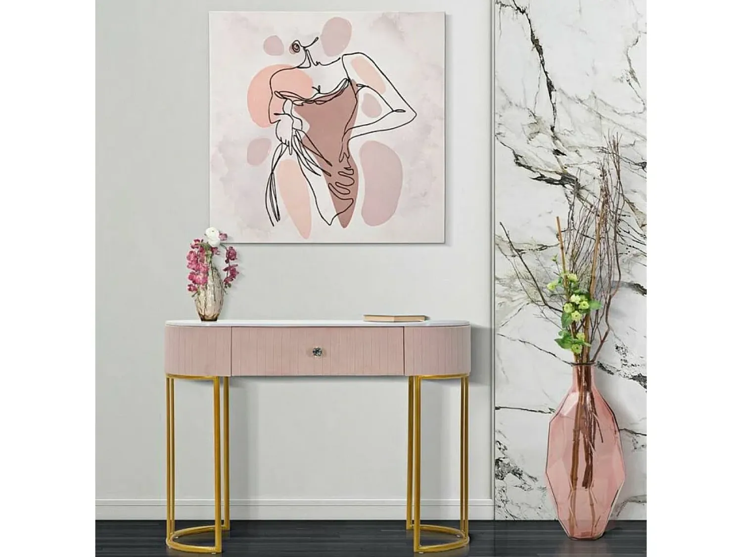 Best Dmora Consola Abstraktes, Mesa multiusos, Armário de apoio, Mesa de corredor, 100x40 h75 cm, e Branco Rosa