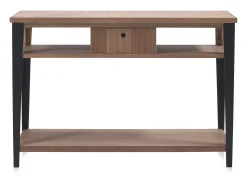 Consola de madeira de freixo com gaveta e pés de metal^ Consola