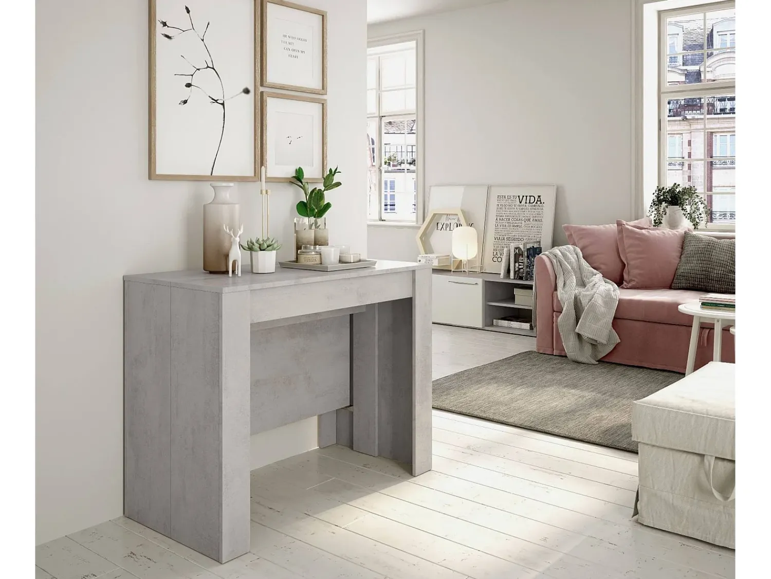 Dmora Consola Diluna, Mesa de jantar extensível, Mesa com extensões multiusos extensíveis até 10 lugares, 51/237x90h78 cm, Cimento^ Consola