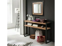 Consola|Dmora Consola Dmazzarr, Mesa multiusos, Armário de apoio, Secretária de corredor, 140x35h80 cm, Carvalho e Preto Castanho