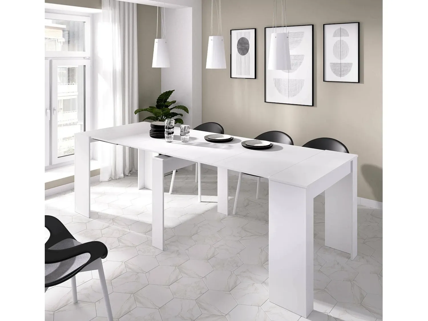 Consola*Dmora Consola extensível Cognolo, Mesa de jantar multiusos, Consola extensível multiposições com suporte de extensão incluído, 54/239x90h77 cm, Branco