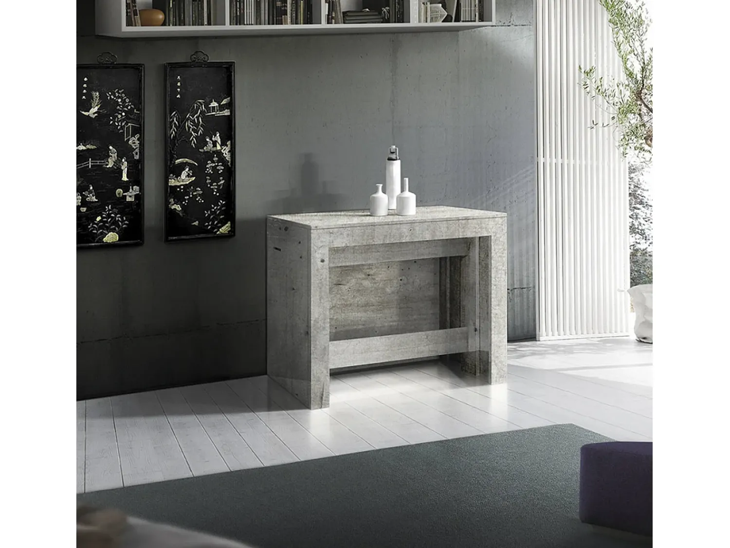 Consola|Dmora Consola extensível Dguigo, Consola extensível até 12 lugares, Mesa com suportes de extensão, 100% Fabricado em Itália, 51/300x90h77 cm, Cimento Cinzento