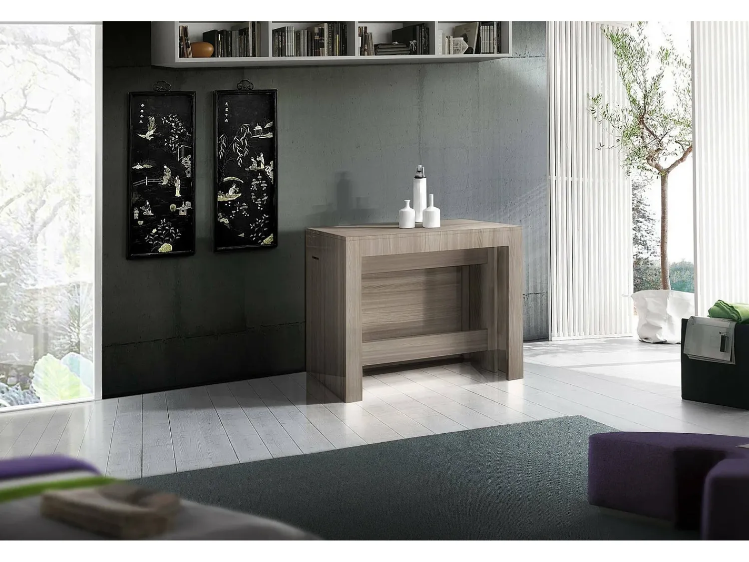Discount Dmora Consola extensível Dguigo, Consola extensível até 12 lugares, Mesa com suportes de extensão, 100% Fabricado em Itália, 51/300x90h77 cm, Olmo pérola Castanho