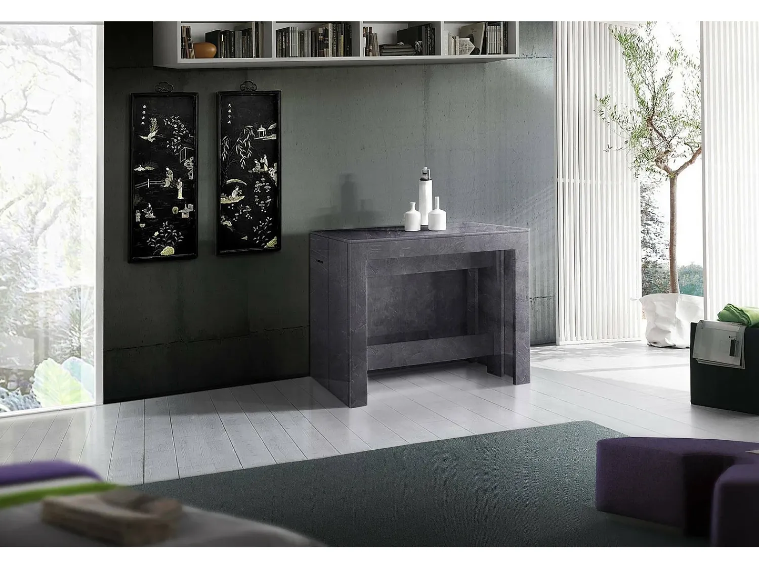 Consola*Dmora Consola extensível Dguigo, Consola extensível até 12 lugares, Mesa com suportes de extensão, 100% Fabricado em Itália, 51/300x90h77 cm, Ardósia Cinzento