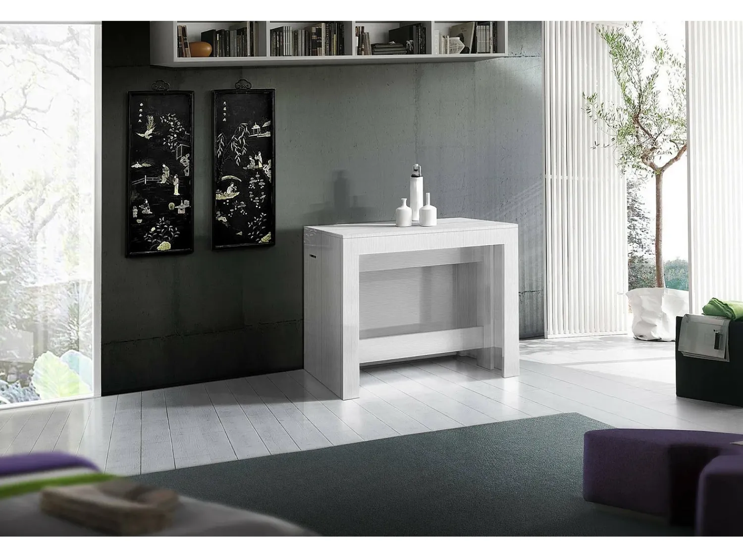 Consola*Dmora Consola extensível Dguigo, Consola extensível até 12 lugares, Mesa com suportes de extensão, 100% Fabricado em Itália, 51/300x90h77 cm, Lariço brilhante Branco