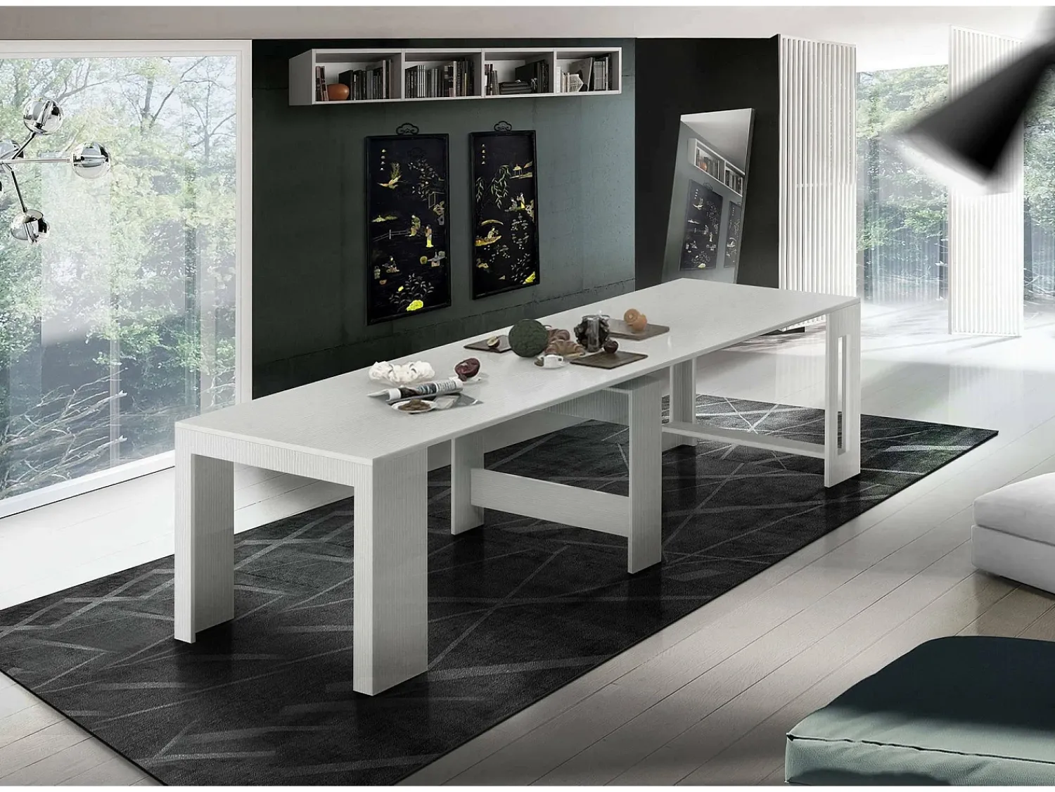 Consola*Dmora Consola extensível Dguigo, Consola extensível até 12 lugares, Mesa com suportes de extensão, 100% Fabricado em Itália, 51/300x90h77 cm, Lariço brilhante Branco