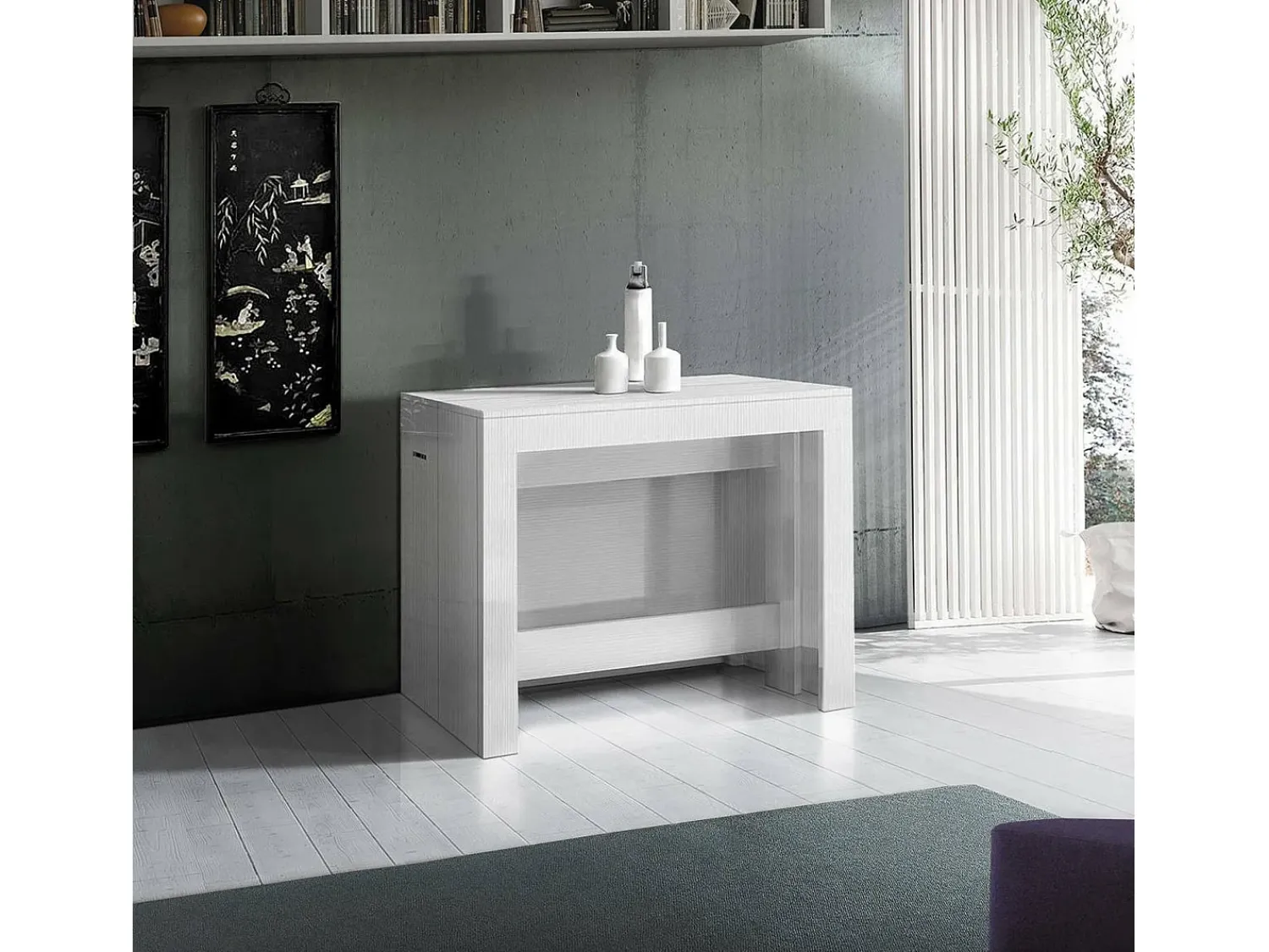 Consola*Dmora Consola extensível Dguigo, Consola extensível até 12 lugares, Mesa com suportes de extensão, 100% Fabricado em Itália, 51/300x90h77 cm, Lariço brilhante Branco