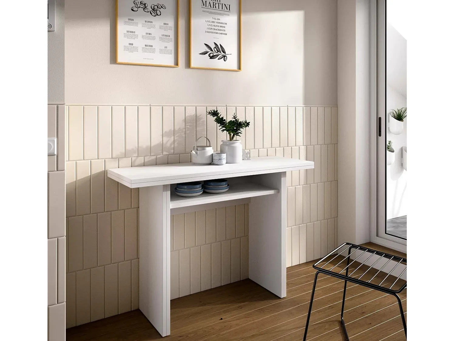 Consola|Dmora Consola extensível Dmanuel, Consola auxiliar extensível multiposições, Mesa de jantar dobrável com tampo rebatível, 110x33/66h75 cm, Branco