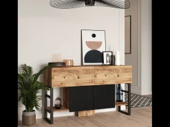 Consola|Concept-Usine Consola industrial TARI com arrumação em madeira natural e metal preto Natural claro