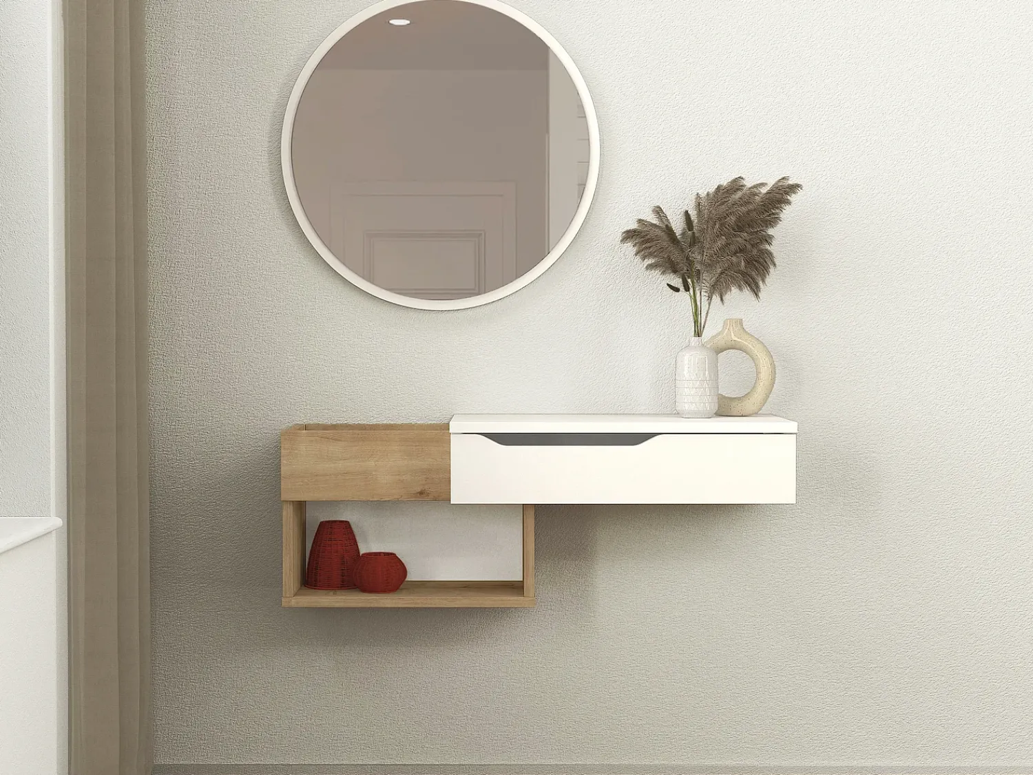 Vente-unique Consola suspensa com 1 gaveta e 2 nichos cor natural e branco - DAREKA^ Consola