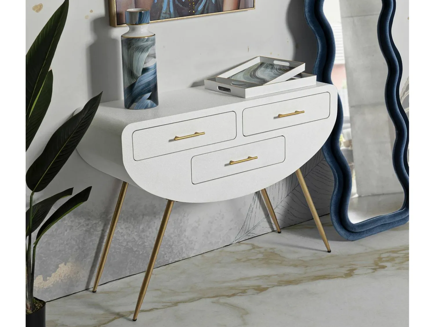 Consola*Dmora Consola Tomato, Mesa multiusos, Armário lateral, Secretária de corredor, 110x40 h80 cm, e Dourado Branco