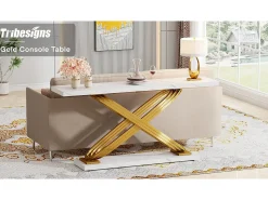 Consola*Tribesigns Console de entrada, 140 x 33 x 80 cm Console moderna, Mesa de entrada com pés metálicos geométricos, e Dourado Branco