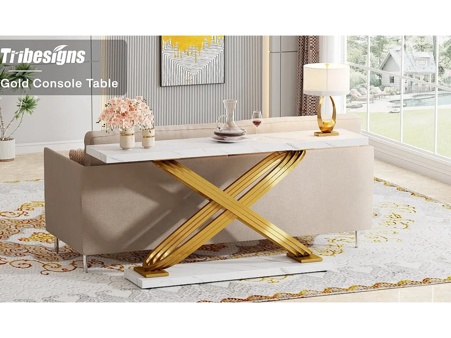 Consola*Tribesigns Console de entrada, 140 x 33 x 80 cm Console moderna, Mesa de entrada com pés metálicos geométricos, e Dourado Branco