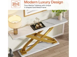 Consola*Tribesigns Console de entrada, 140 x 33 x 80 cm Console moderna, Mesa de entrada com pés metálicos geométricos, e Dourado Branco