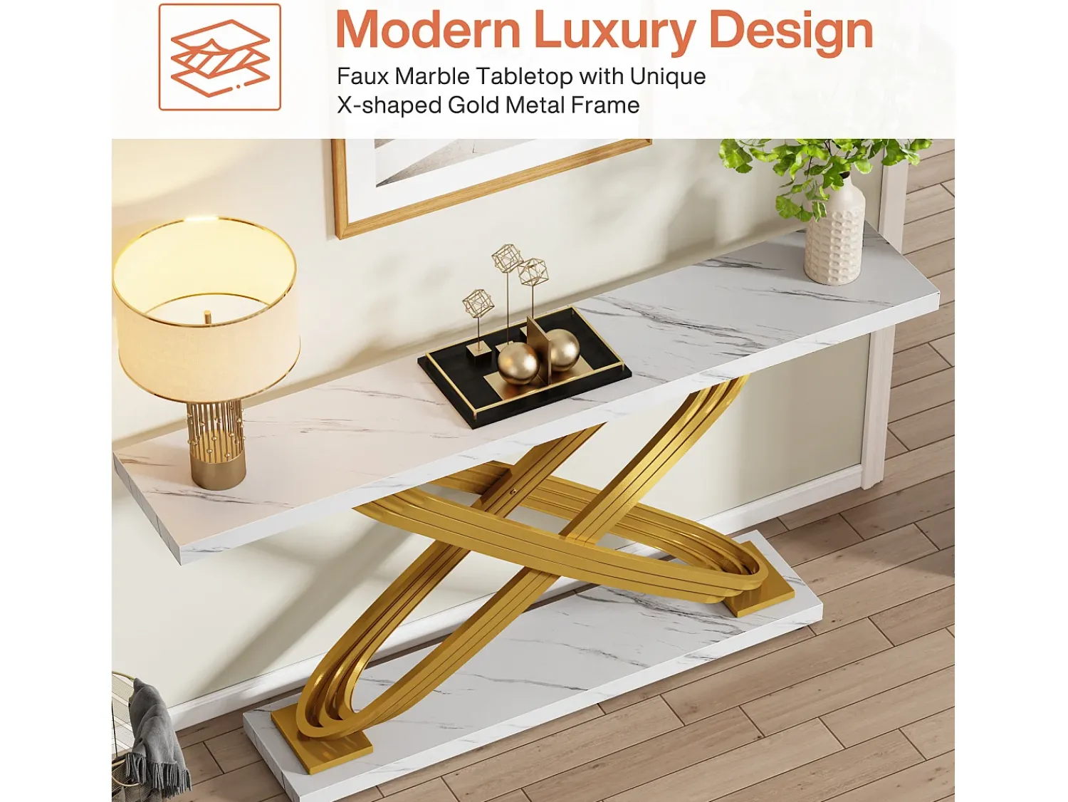 Consola*Tribesigns Console de entrada, 140 x 33 x 80 cm Console moderna, Mesa de entrada com pés metálicos geométricos, e Dourado Branco