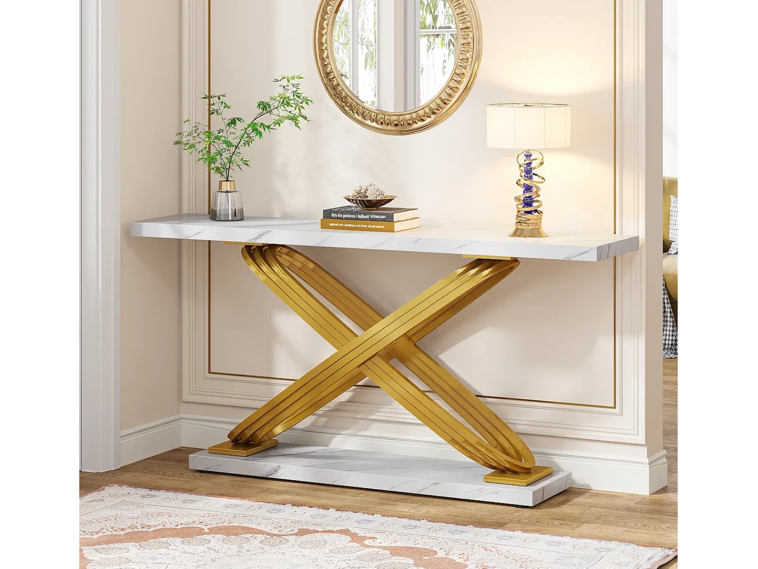 Consola*Tribesigns Console de entrada, 140 x 33 x 80 cm Console moderna, Mesa de entrada com pés metálicos geométricos, e Dourado Branco