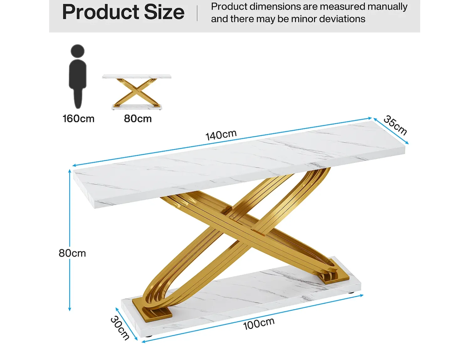 Consola*Tribesigns Console de entrada, 140 x 33 x 80 cm Console moderna, Mesa de entrada com pés metálicos geométricos, e Dourado Branco