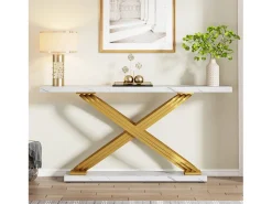 Consola*Tribesigns Console de entrada, 140 x 33 x 80 cm Console moderna, Mesa de entrada com pés metálicos geométricos, e Dourado Branco