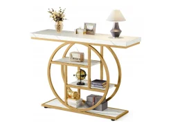 Consola*Tribesigns Console de Estilo Industrial de 105 cm, com 4 Níveis e Base Circular, estreita em Madeira com Prateleiras de Armazenamento (/Dourado) Branco