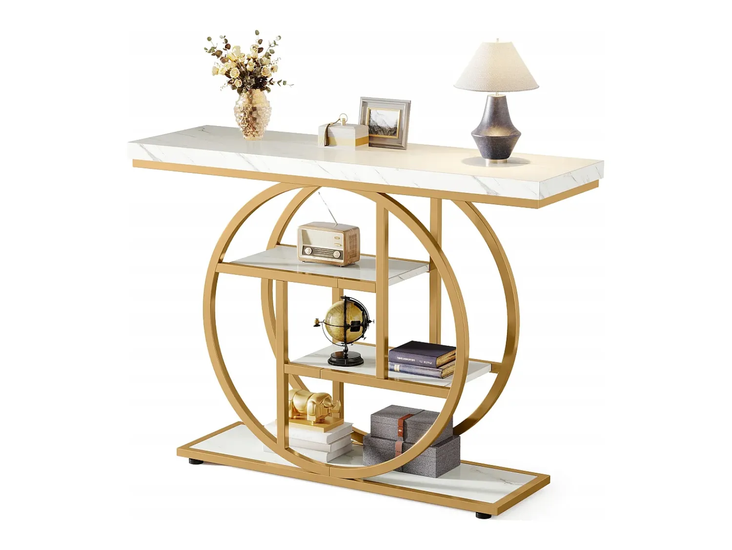 Consola*Tribesigns Console de Estilo Industrial de 105 cm, com 4 Níveis e Base Circular, estreita em Madeira com Prateleiras de Armazenamento (/Dourado) Branco