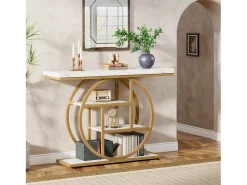 Consola*Tribesigns Console de Estilo Industrial de 105 cm, com 4 Níveis e Base Circular, estreita em Madeira com Prateleiras de Armazenamento (/Dourado) Branco